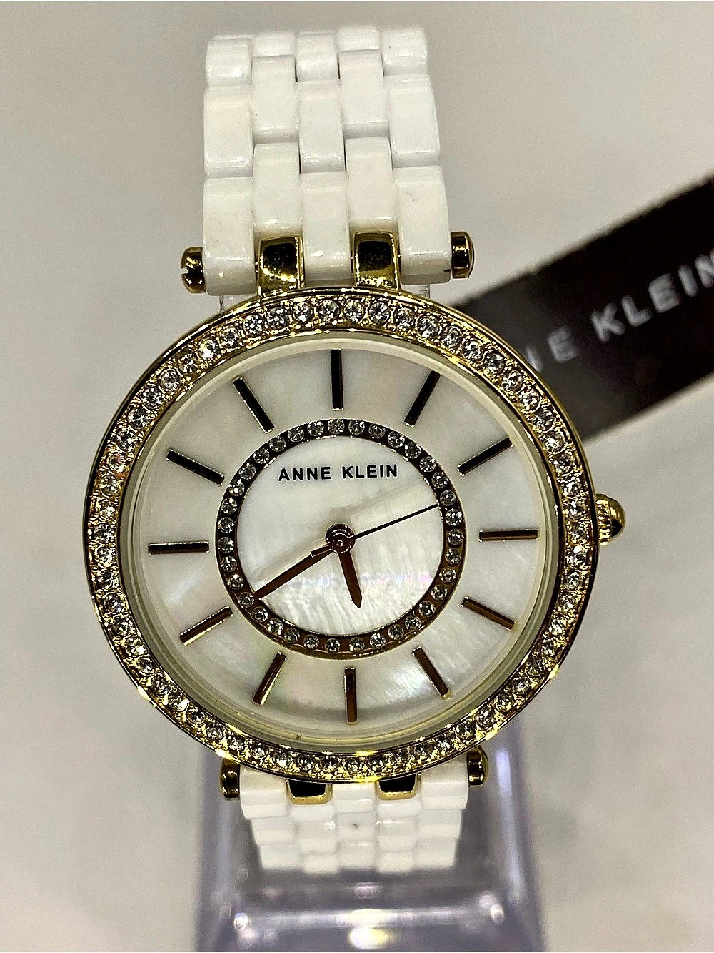 Men’s *** Luxury ^ Anne Klein ^ Arctic White / Iced Gold-Tone Crystal Watch **